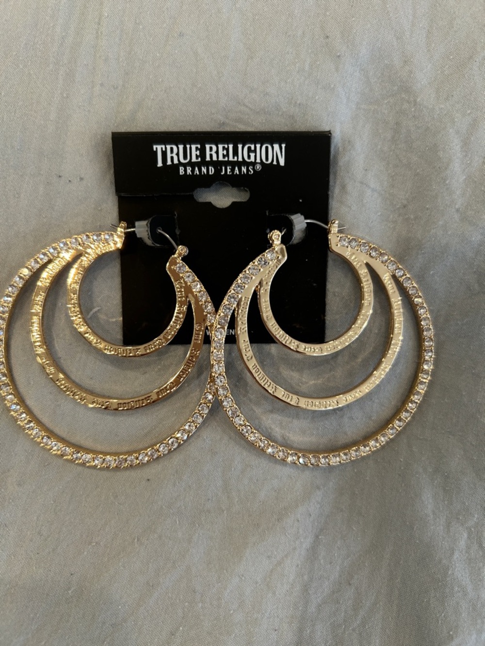 True Religion Gold Triple Hoop Crystal-Embellished Earrings